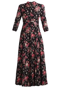 Maxi dress in tessuto nero con stampa floreale colorata. Caratterizzata da maniche lunghe, un collo alto e un corpetto aderente che si trasforma in una gonna svasata.