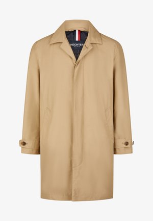 Beiger Trenchcoat aus glattem Stoff mit einem Reverskragen, Fronttaschen und geknöpften Bündchen. Die Innenseite weist ein kontrastierendes Streifendesign auf.