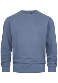 Sweatshirt bleu à col rond avec des manches longues et des poignets et un ourlet en côte, arborant un petit logo brodé sur la poitrine.