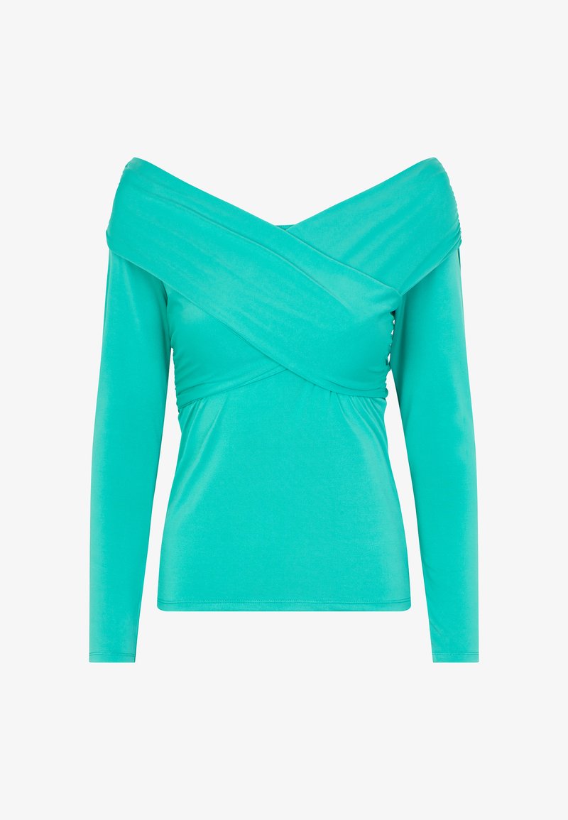 T-shirt turquoise à manches longues avec un design décolleté, tissu froncé à la taille et texture lisse et extensible.