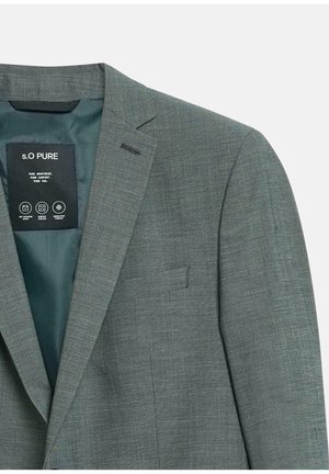 Grauer Herrenblazer mit Revers mit Kerbe, Brusttasche und schwarzem Innenetikett mit der Aufschrift "s.O PURE" sowie Symbolen für Produktmerkmale.
