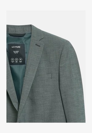 Blazer gris homme avec col à revers cranté, poche poitrine et étiquette intérieure noire indiquant "s.O PURE" avec des icônes des caractéristiques du produit.