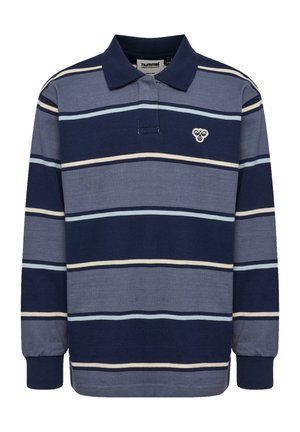 Langärmliges Rugbyshirt in Marine- und Blau mit hellbeigen und blauen horizontalen Streifen, Kragen und kleinem Bienen-Logo auf der linken Brust.