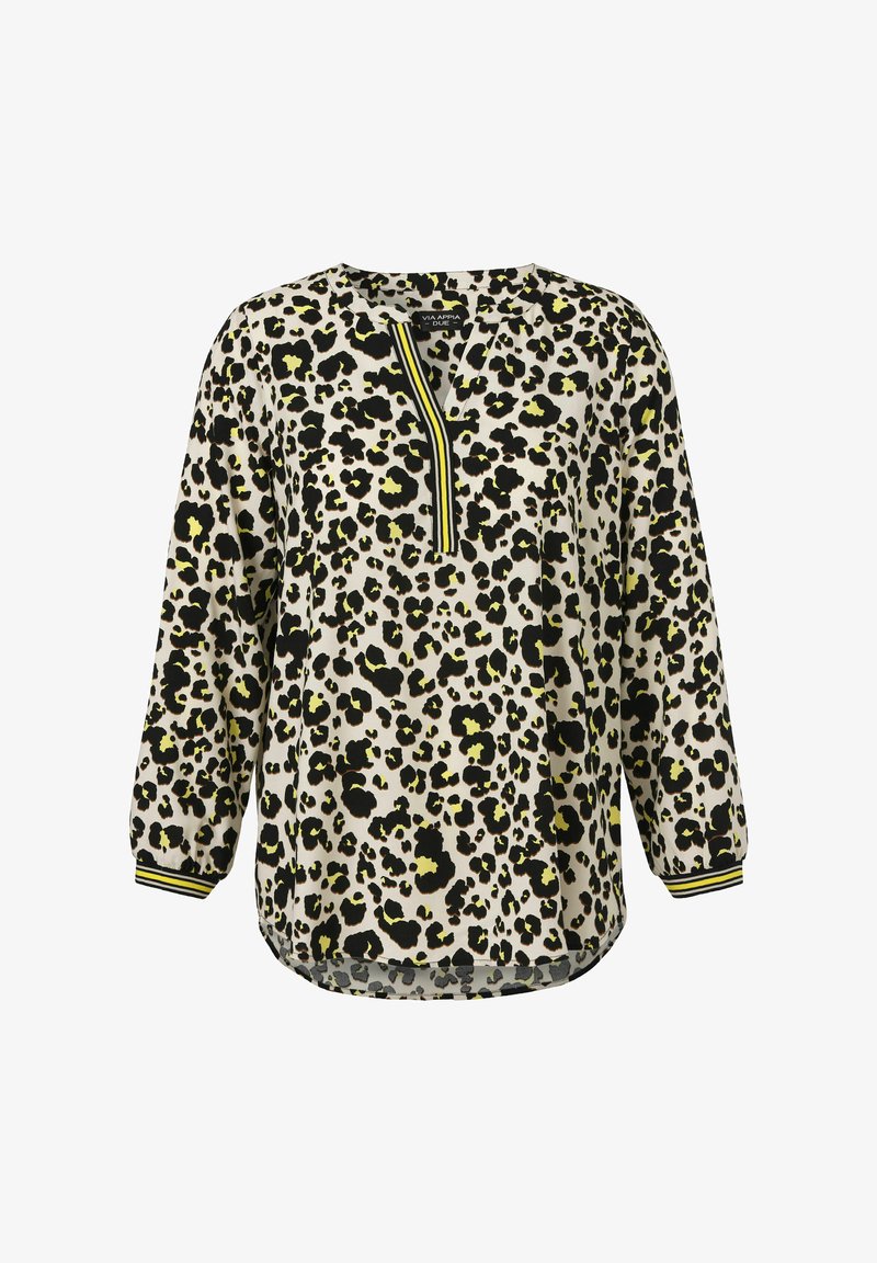 Long-sleeve blouse with black and yellow leopard print, V-neckline with striped trim, and matching striped cuffs on a white background.