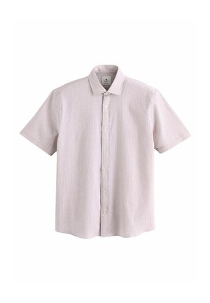 Ljuslila kortärmad skjorta med en texturerad tyg, knappstängning fram och klassisk krage. Har fem knappar och rundad fåll.