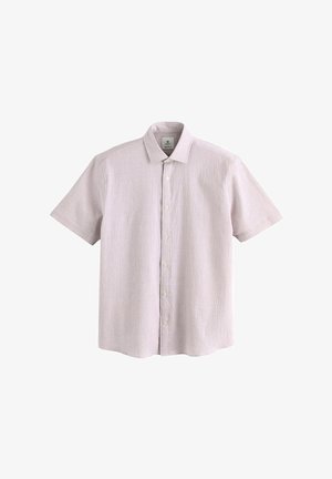 Ljuslila kortärmad skjorta med en texturerad tyg, knappstängning fram och klassisk krage. Har fem knappar och rundad fåll.