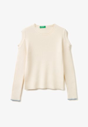 Pull à manches longues en maille côtelée de couleur crème avec des découpes aux épaules et une bordure subtile bleu clair aux poignets.