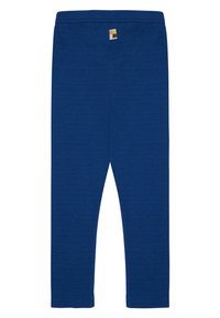 Blauwe leggings van zachte katoen met een nauwsluitende pasvorm. Heeft een klein multikleurig label aan de achterkant. Soepele textuur en elastische tailleband.
