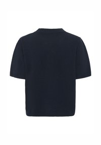 Kurzärmliges, marineblaues Polohemd aus glattem Stoff, mit einem klassischen Kragen und einem klaren, minimalistischen Design.