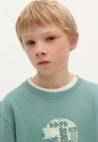 Felpa verde menta con una grafica rotonda che presenta motivi in blu e bianco. Collo a giro e texture morbida, progettata per un abbigliamento casual.