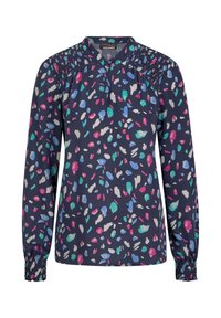 Marineblouse met een kleurrijk abstract patroon in roze, groen en blauw. Voorzien van een mandarin kraag en smockmouwen voor een ontspannen pasvorm.