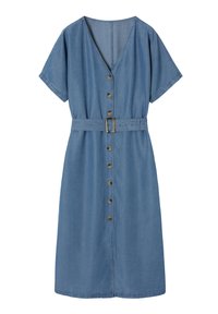 Denimmekko, jossa on V-pääntie, lyhyet hihat, etupainike-suljenta ja vyötärölle sidottava vyö. Väri on keski-sininen ja tekstuuri on sileä.