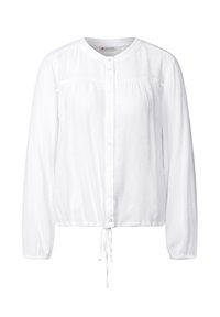 Blusa bianca a maniche lunghe con scollatura rotonda, chiusura a bottoni, texture arricciata e cordino regolabile all'orlo.