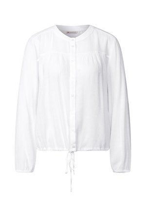 Hvid skjorte med lange ærmer, rund halsudskæring, knaplukning foran, sammensamlet tekstur og justerbar snøre i kanten.