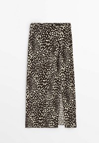 Jupe marron avec un motif crème dispersé, fabriquée en tissu léger avec une fente latérale pour faciliter les mouvements.