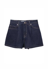 Shorts de mezclilla oscura con cintura alta, que cuentan con cinco bolsillos, costuras doradas y un cierre de botón plateado. Textura suave y diseño clásico.