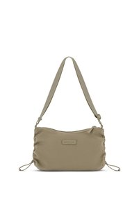 Bolso de hombro de tela beige acanalada con correa ajustable, cierre de cremallera y etiqueta de la marca "Kapten & Son" en la parte delantera.