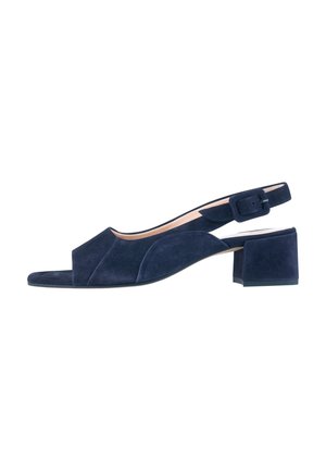 Chaussure slingback femme en daim bleu marine avec bout ouvert, petit talon bloc et bride réglable à boucle.