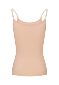 Canotta beige chiaro con spalline sottili regolabili, realizzata in tessuto elastico, caratterizzata da una superficie liscia e da un design aderente.