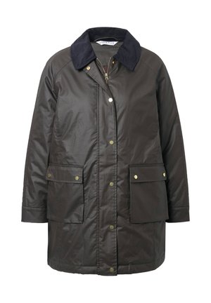 Giacca impermeabile marrone scuro con collo blu, chiusura a scatto e cerniera, e due tasche anteriori. Texture liscia e design leggero.