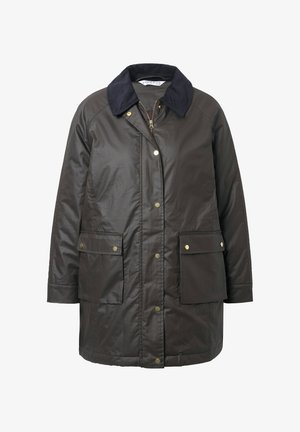 Dark brown waterproof jacket with a navy collar, snap and zipper closure, and two front pockets. Smooth texture and lightweight design.