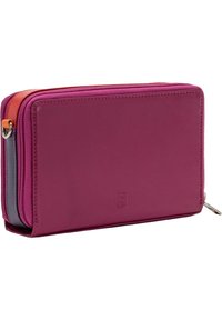 Compact wallet in vibrant fuchsia leather, featuring multi-color accents, a zip closure, and a smooth finish with minimal branding.