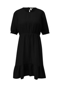 Schwarz Kleid mit kurzen Puffärmeln, einem runden Halsausschnitt und einer gerafften Taille, mit einem Volant-Saum und einer kleinen Öffnung mit Schlüsselloch hinten.