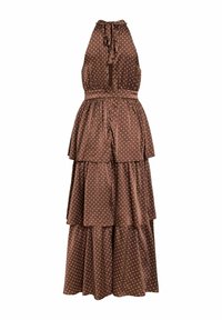 Robe longue marron à volants avec col licou, pois blancs, taille cintrée et détail œillet à l'encolure avant.