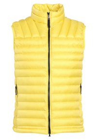 Gilet rembourré jaune avec col haut, fermeture éclair à l'avant et poches latérales, avec des panneaux cousus horizontalement pour l'isolation et le contraste de texture.