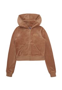 Felpa con zip in velluto marrone, con tasche a marsupio, testo dorato "JUICY", cappuccio e polsini a costine; tessuto morbido, design cropped.