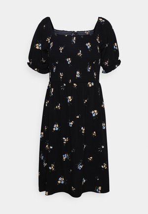 Czarna sukienka z krótkimi bufkami, kwadratowym dekoltem, karbowanym gorsetem i kwiatowym nadrukiem w odcieniach niebieskiego i beżu. Lekka tkanina z luźnym, zwiewnym krojem.