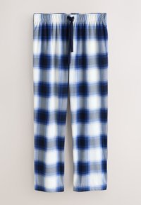 Pantalon de pyjama à carreaux bleus, blancs et gris avec une taille élastique et un cordon bleu marine, présenté à plat sur un fond clair.