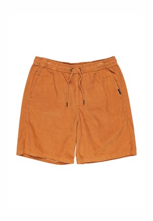 Pantalones cortos de pana naranja de algodón con cintura elástica, cierre de cordón y dos bolsillos laterales. Presenta una superficie texturizada.
