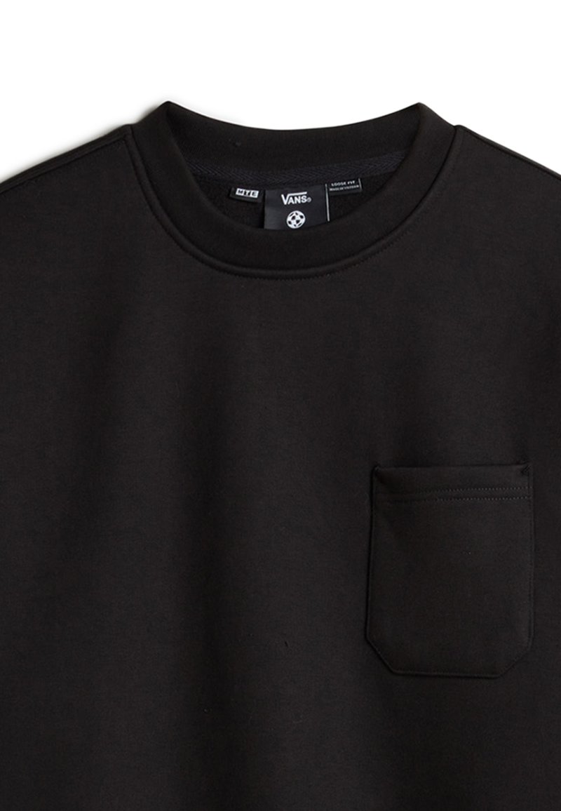 Zwarte sweatvest gemaakt van een dik katoenmix, met een ronde hals, ribbelkraag en een rechthoekige borstzak.