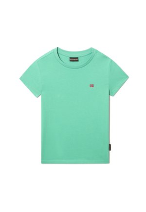 T-shirt en coton vert menthe à manches courtes avec un petit emblème du drapeau norvégien sur la poitrine gauche et une étiquette de marque en bas de l'ourlet.