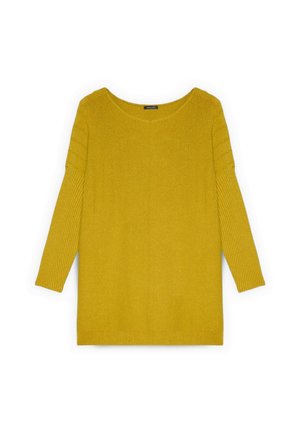 Maglione giallo senape lavorato a maglia con scollo rotondo, texture a coste sulle maniche e taglio dritto. Tessuto morbido, maniche lunghe e dettagli minimali.