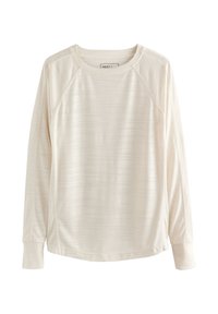 Long-sleeve shirt in light cream fabric with a textured stripe pattern, crew neckline, and raglan sleeves. Soft, lightweight material.