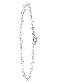 Silberarmband, bestehend aus miteinander verbundenen herzförmigen Metallkomponenten, mit einem Karabinerverschluss, polierter Oberfläche und glattem Finish.
