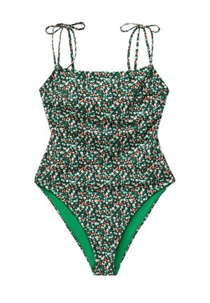 Green floral one-piece swimsuit with small white and pink flowers, featuring tied shoulder straps and a high-cut leg design.