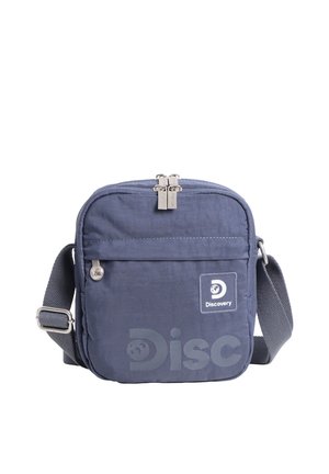 Kompakte Crossbody-Tasche in Marineblau mit verstellbarem Riemen, vordere Reißverschlusstasche und "Discovery"-Logoaufnäher in der unteren rechten Ecke.