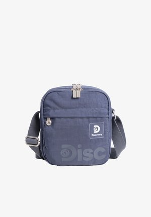 Compact navy blue crossbody bag with adjustable strap, front zip pocket, and "Discovery" logo patch on the lower right corner.