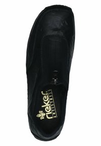 Black leather slip-on shoe with a smooth texture, featuring a zip detail and embossed logo in gold on the insole. Rounded toe design.
