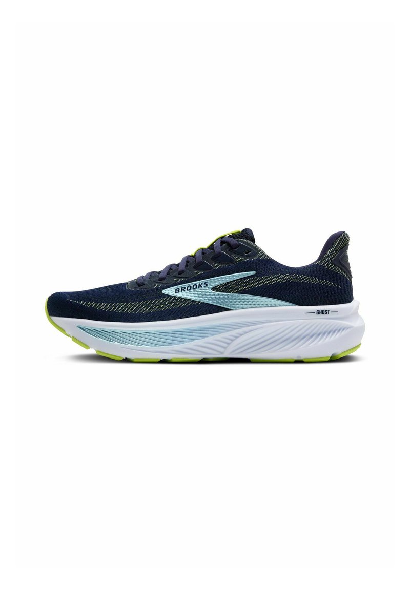 Scarpe da corsa blu scuro con tomaia in rete leggera, intersuola bianca e suola luminosa verde. Presentano dettagli riflettenti e una finitura testurizzata.
