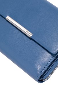 Blue leather wallet with silver hardware and embossed logo. Features a smooth texture and is zippered around three sides.