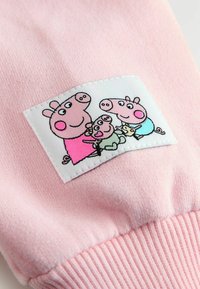 Drei Cartoon-Schweine, die bunte Kleidung tragen, umarmen sich auf einem weißen Stück Stoff, das auf rosa Stoff genäht ist.