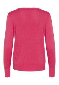 Pull rose, en maille légère, manches longues, poignets et ourlet côtelés, col rond, texture lisse, design uni.