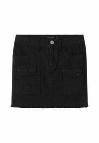 Zwarte denim rok met een rafelige zoom, voorzien van twee voorzakken en een knoopsluiting. Glad textuur en aansluitend ontwerp.