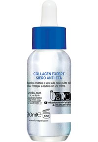 Bottiglia contagocce in vetro trasparente con cappuccio di plastica blu. Contiene un siero trasparente etichettato "Collagen Expert Siero Anti-Étá." 30ml.