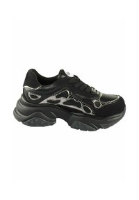 Black sneakers made of leather and suede, featuring a textured design with silver accents, chunky sole, and round laces.