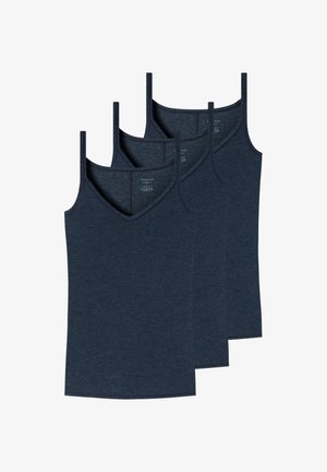 Ensemble de quatre débardeurs bleu foncé sans manches avec fines bretelles, encolure en V et étiquettes de taille visibles à l'intérieur du dos.